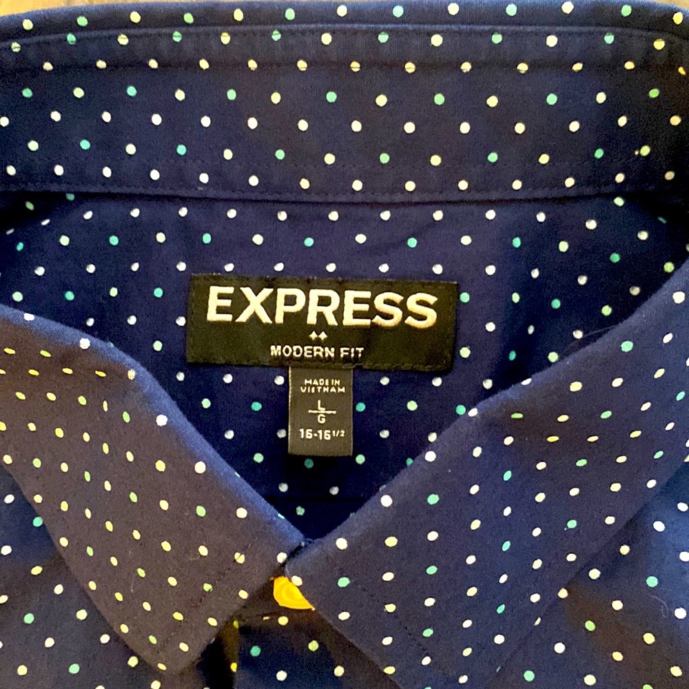 Express long sleeve shirt navy with white/teal dots size 16-16 1/2